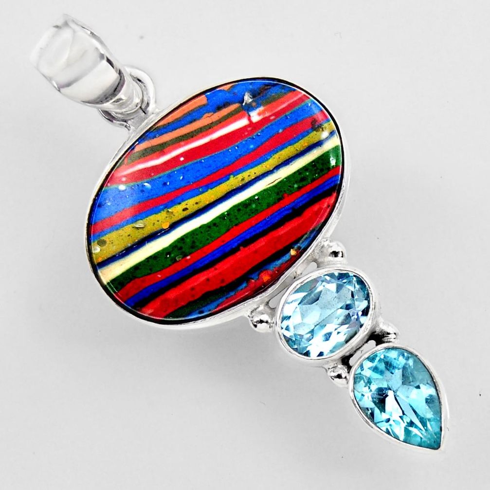 14.72cts natural multi color rainbow calsilica topaz 925 silver pendant r2270