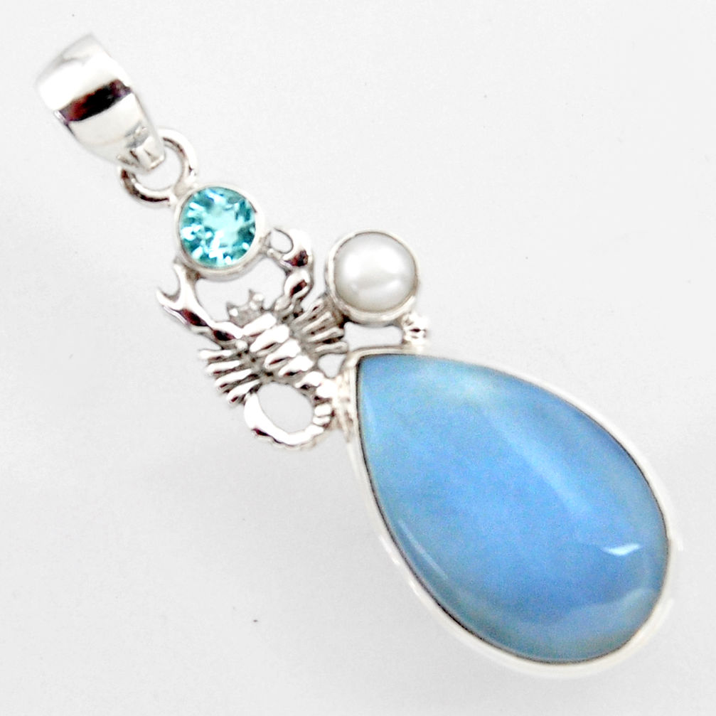 16.87cts natural blue owyhee opal topaz pearl 925 silver scorpion pendant r2384