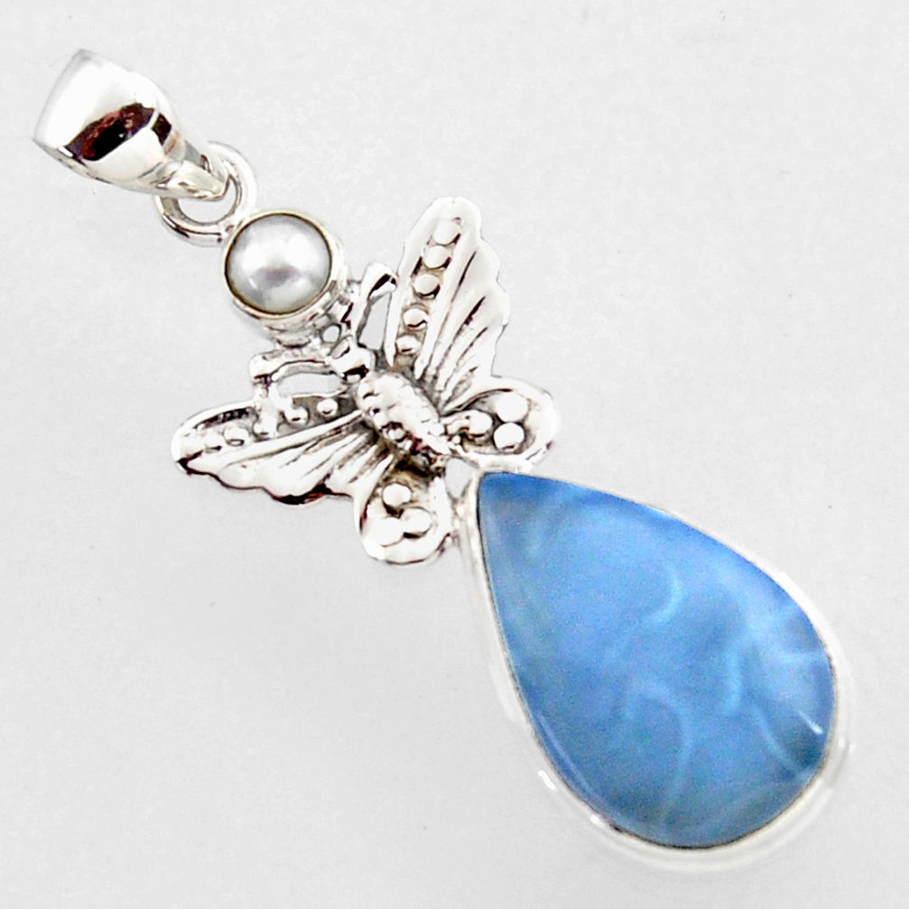 925 silver 13.66cts natural blue owyhee opal pearl butterfly pendant r2387