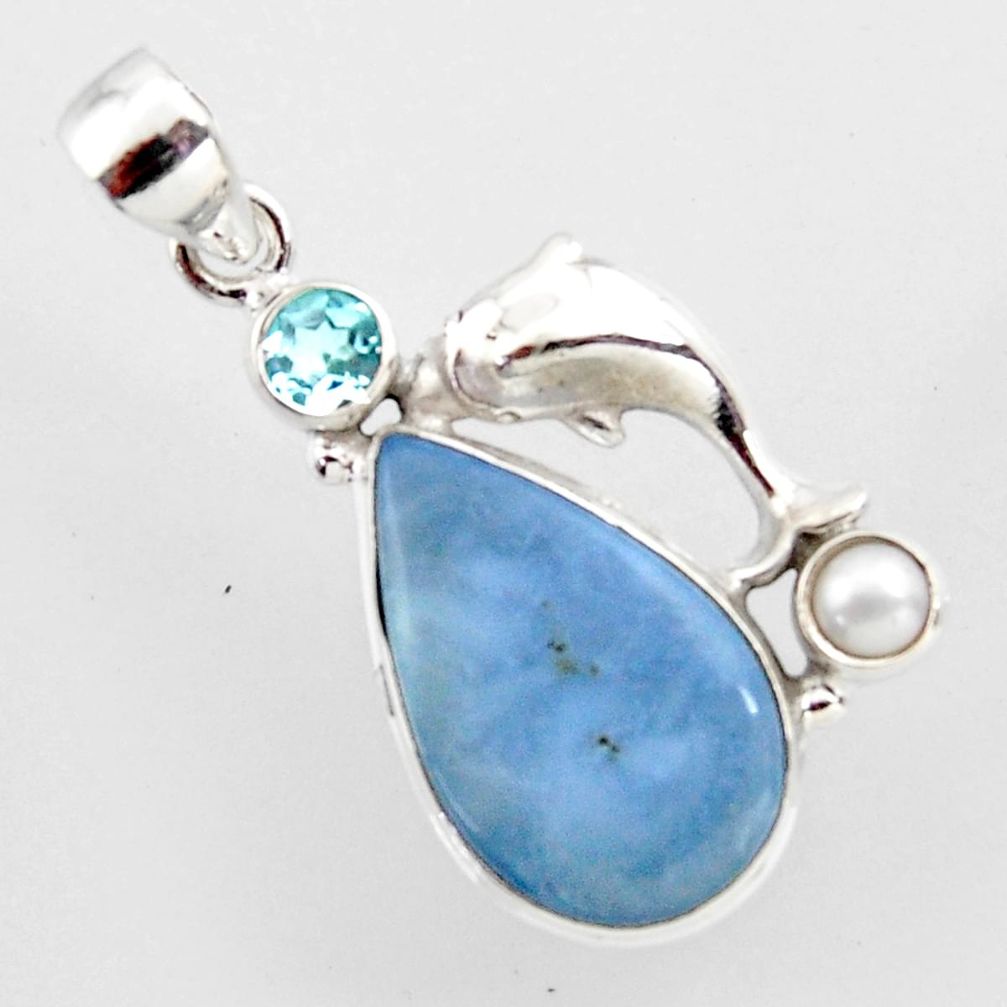 17.42cts natural blue owyhee opal topaz pearl 925 silver dolphin pendant r2389
