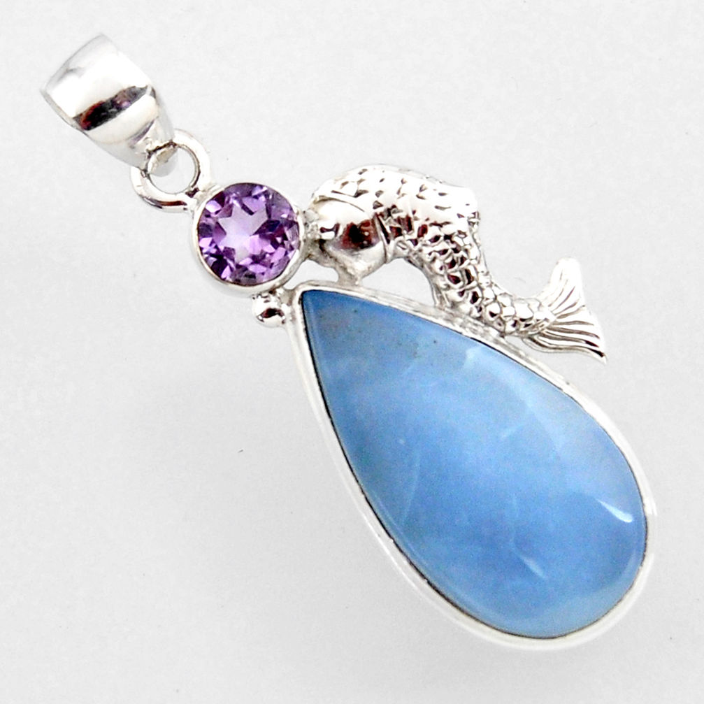 925 silver 18.15cts natural blue owyhee opal purple amethyst fish pendant r2395