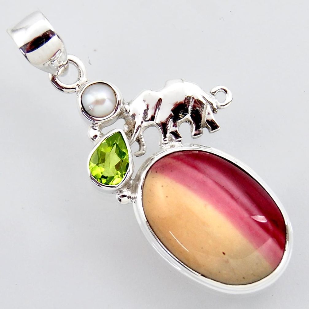 925 silver 16.49cts natural brown mookaite peridot pearl elephant pendant r2412