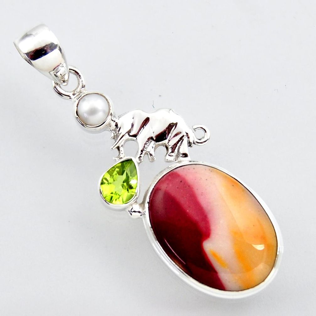 16.06cts natural brown mookaite peridot pearl 925 silver elephant pendant r2413