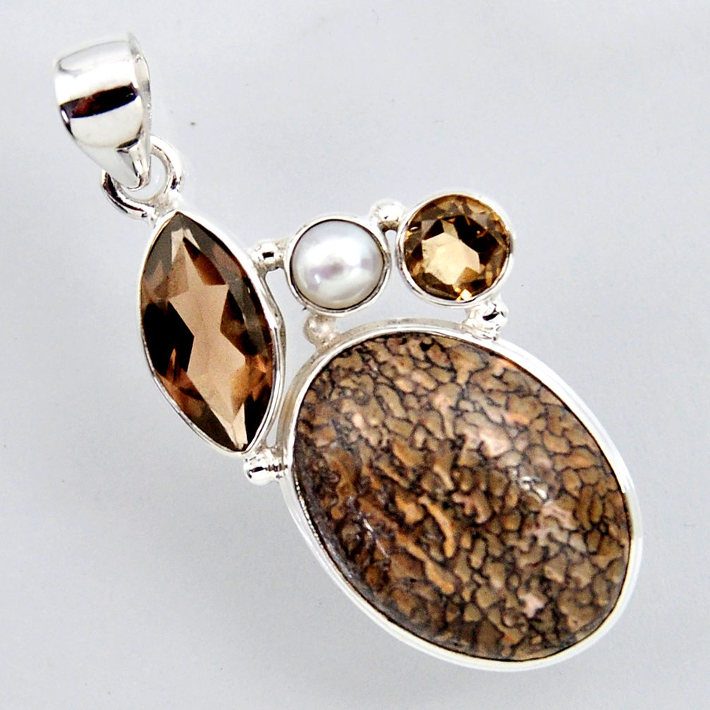 23.95cts natural brown dinosaur bone fossilized pearl 925 silver pendant r2427