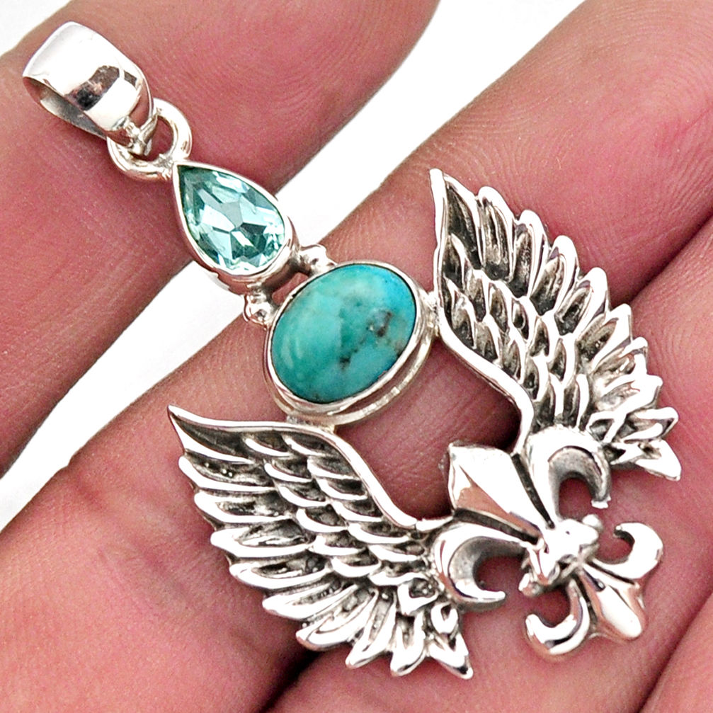 4.94cts blue arizona mohave turquoise topaz silver feather charm pendant r2459