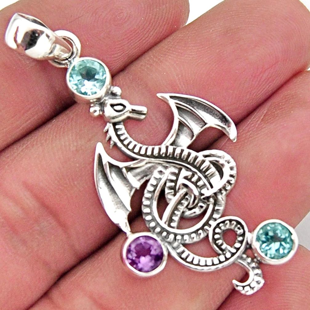 925 sterling silver 2.63cts natural purple amethyst topaz dragon pendant r2484