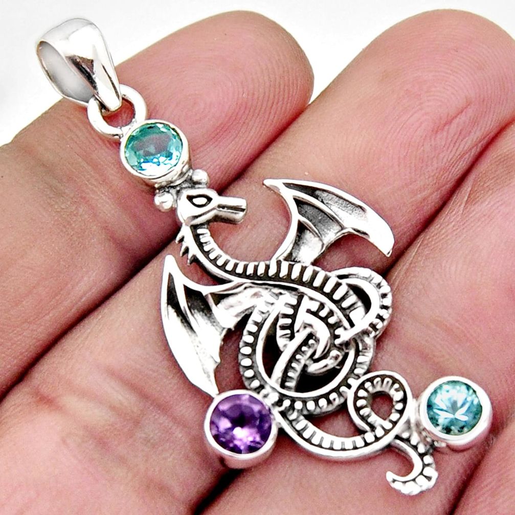 2.85cts natural purple amethyst topaz 925 sterling silver dragon pendant r2541