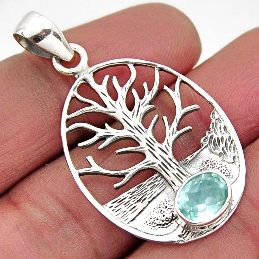 2.19cts natural blue topaz 925 sterling silver tree of life pendant r2567