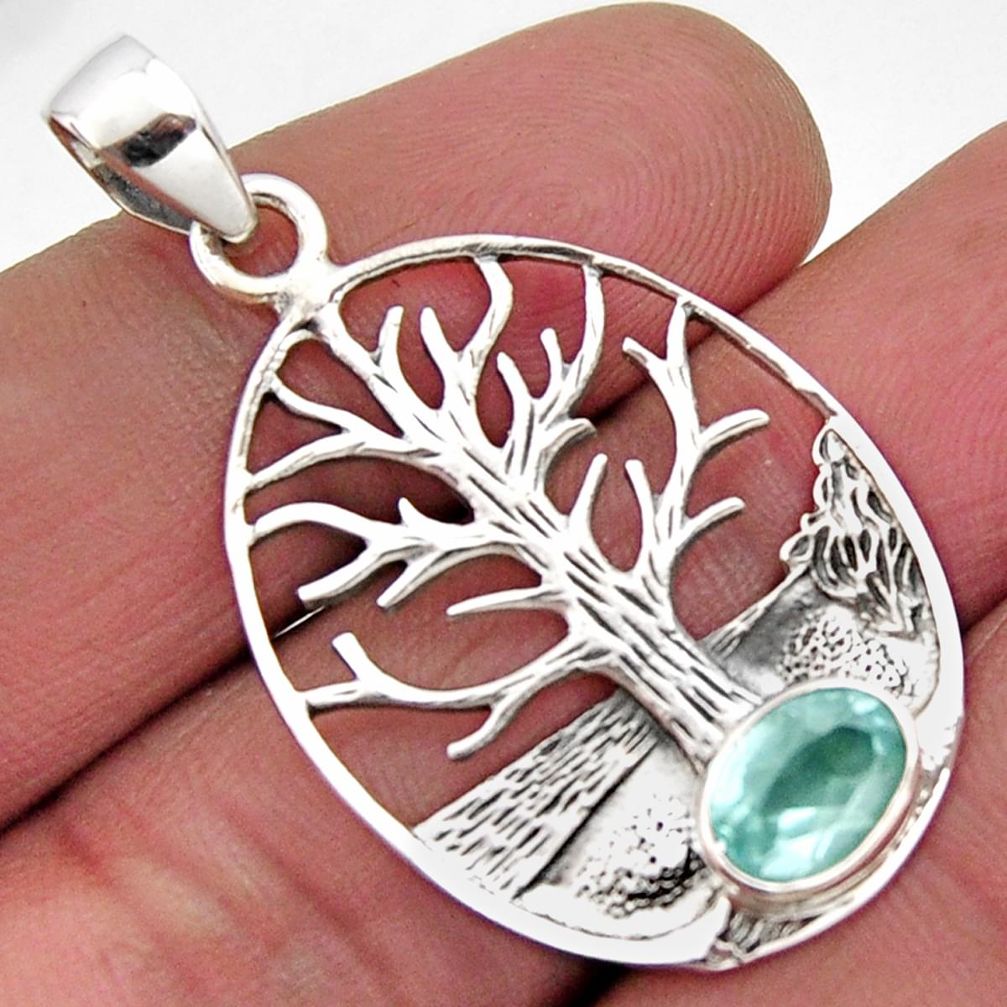 925 sterling silver 2.19cts natural blue topaz oval tree of life pendant r2568