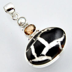 Clearance Sale- 19.23cts natural black septarian gonads smoky topaz 925 silver pendant r2882
