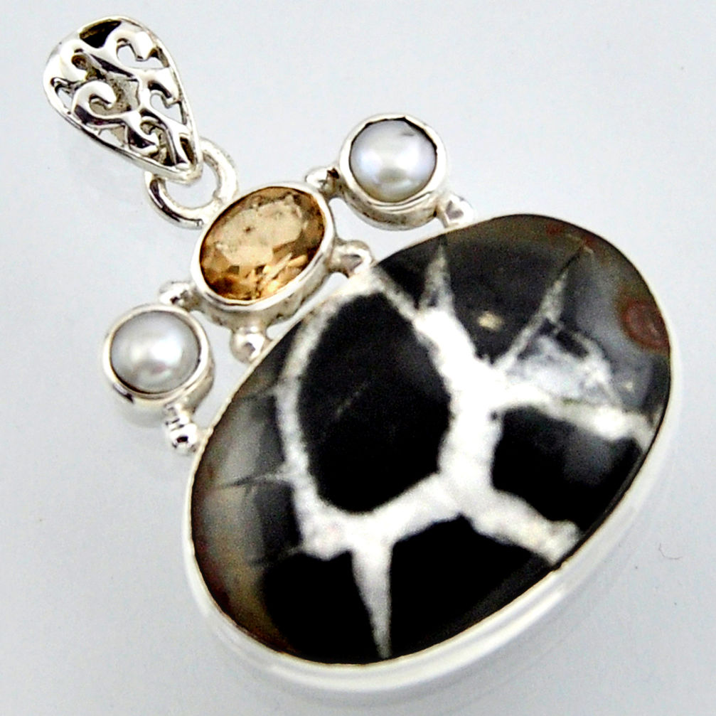24.00cts natural black septarian gonads smoky topaz 925 silver pendant r2892