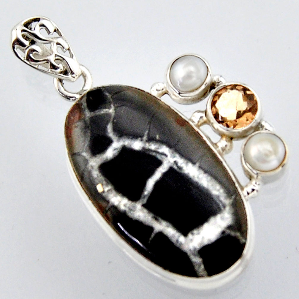 23.95cts natural black septarian gonads smoky topaz 925 silver pendant r2896