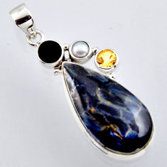 Clearance Sale- 925 silver 19.72cts natural black pietersite (african) onyx pearl pendant r2917