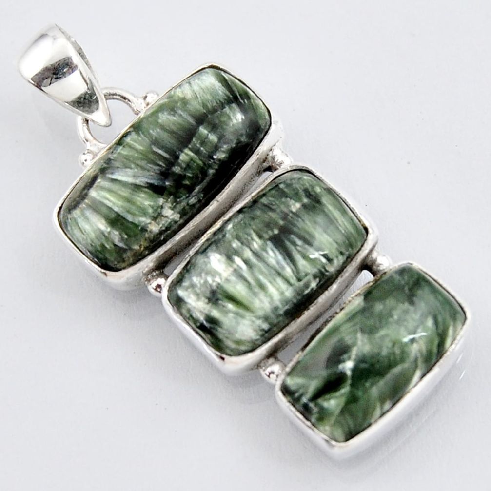 925 silver 20.07cts natural green seraphinite (russian) octagan pendant r3448