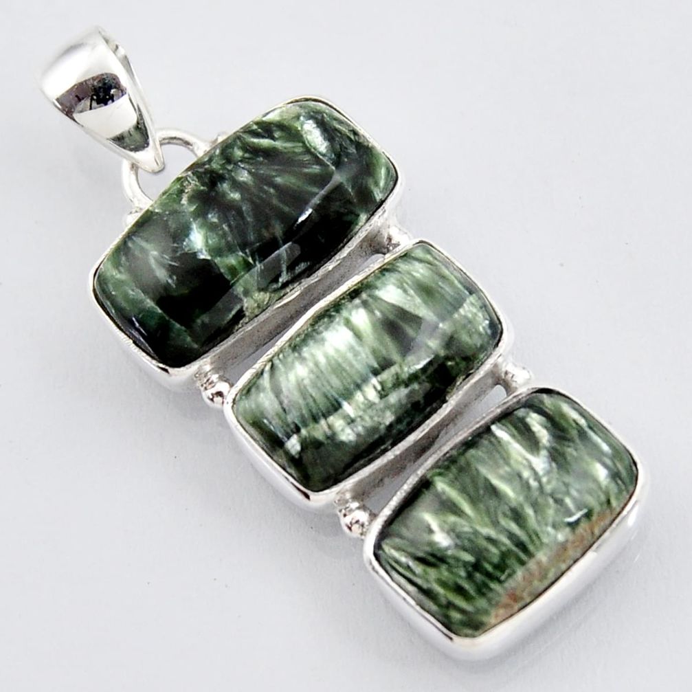 925 sterling silver 22.02cts natural green seraphinite (russian) pendant r3452
