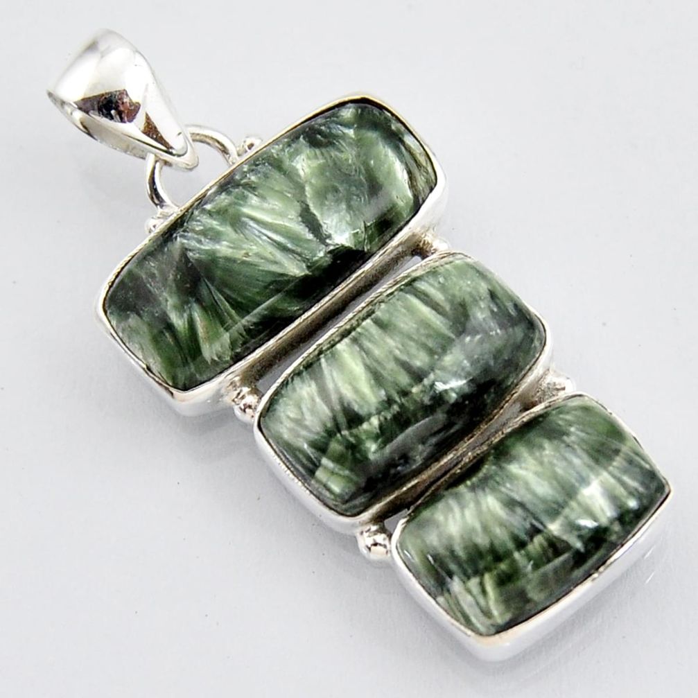 21.48cts natural green seraphinite (russian) 925 sterling silver pendant r3453
