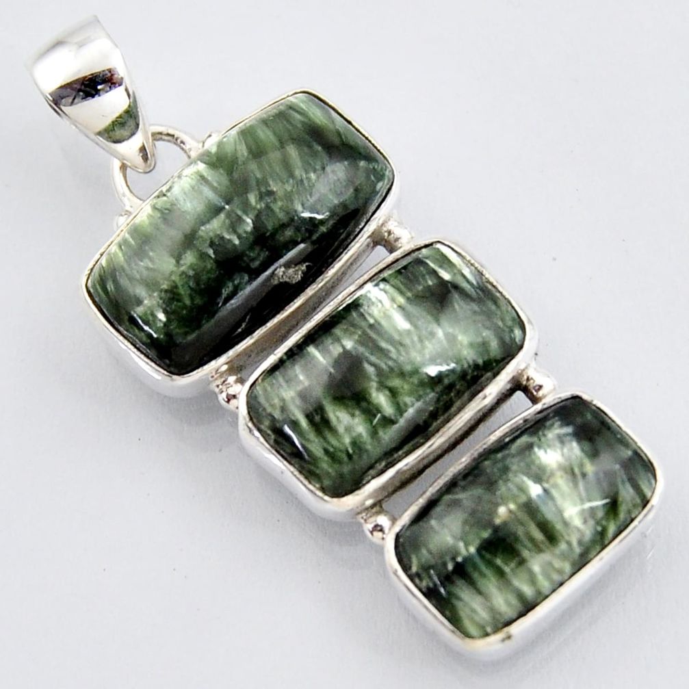 925 sterling silver 20.07cts natural green seraphinite (russian) pendant r3455