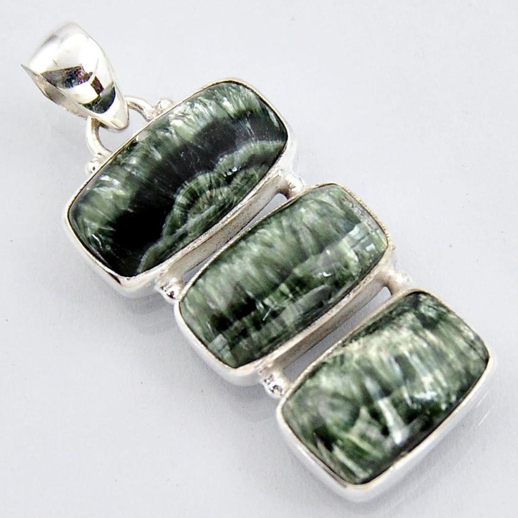 925 sterling silver 20.88cts natural green seraphinite (russian) pendant r3459