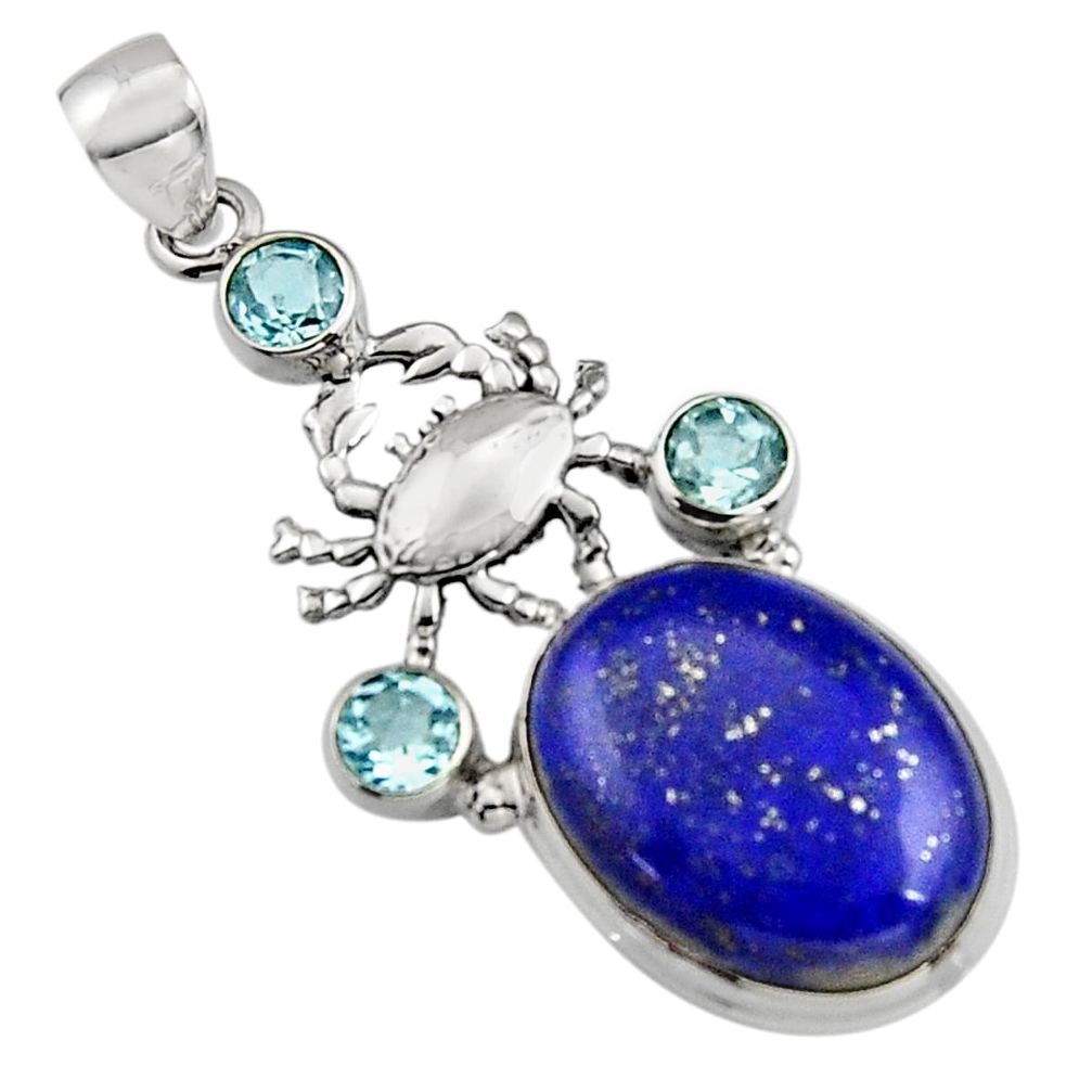 19.56cts natural blue lapis lazuli topaz 925 sterling silver crab pendant r5082