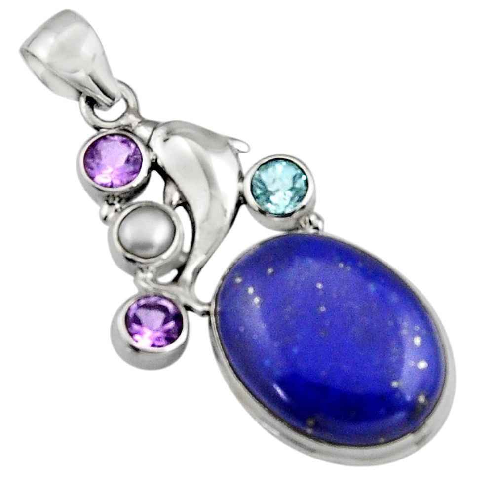 19.06cts natural blue lapis lazuli amethyst 925 silver dolphin pendant r5083