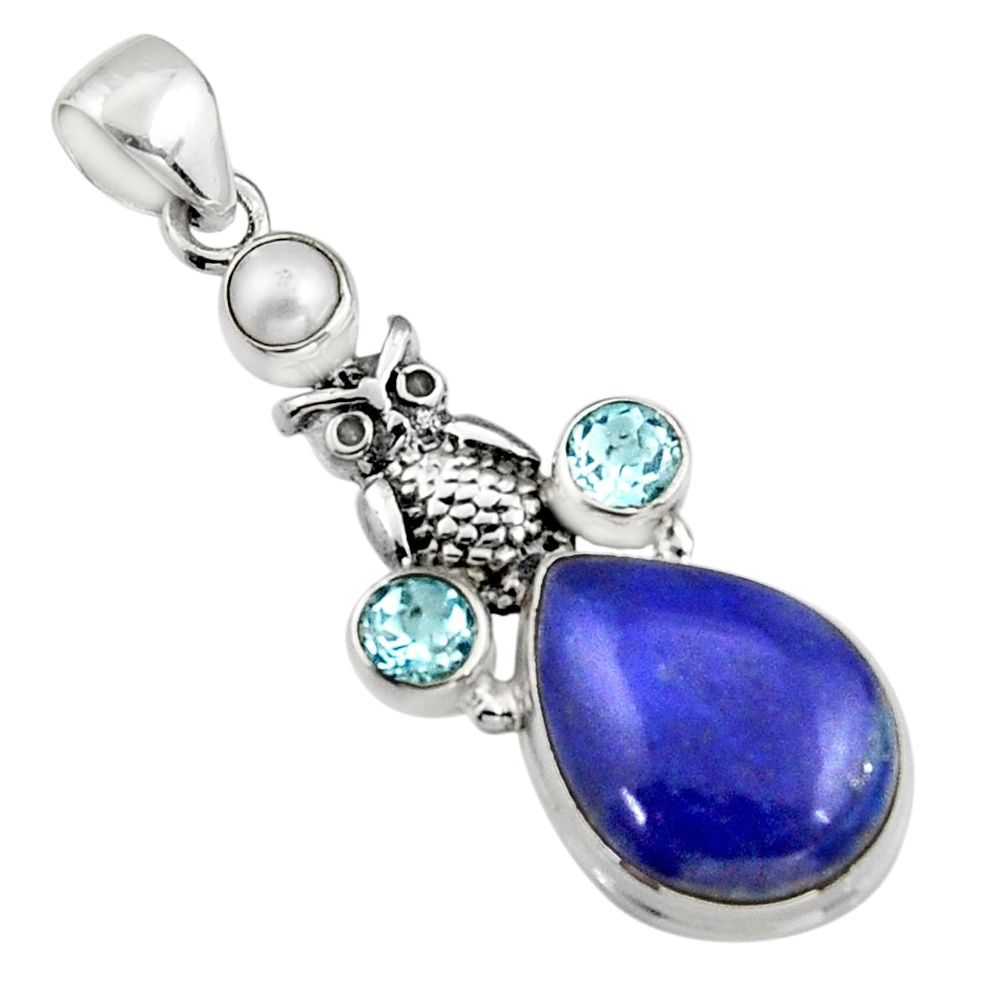 15.33cts natural blue lapis lazuli topaz pearl 925 silver owl pendant r5087