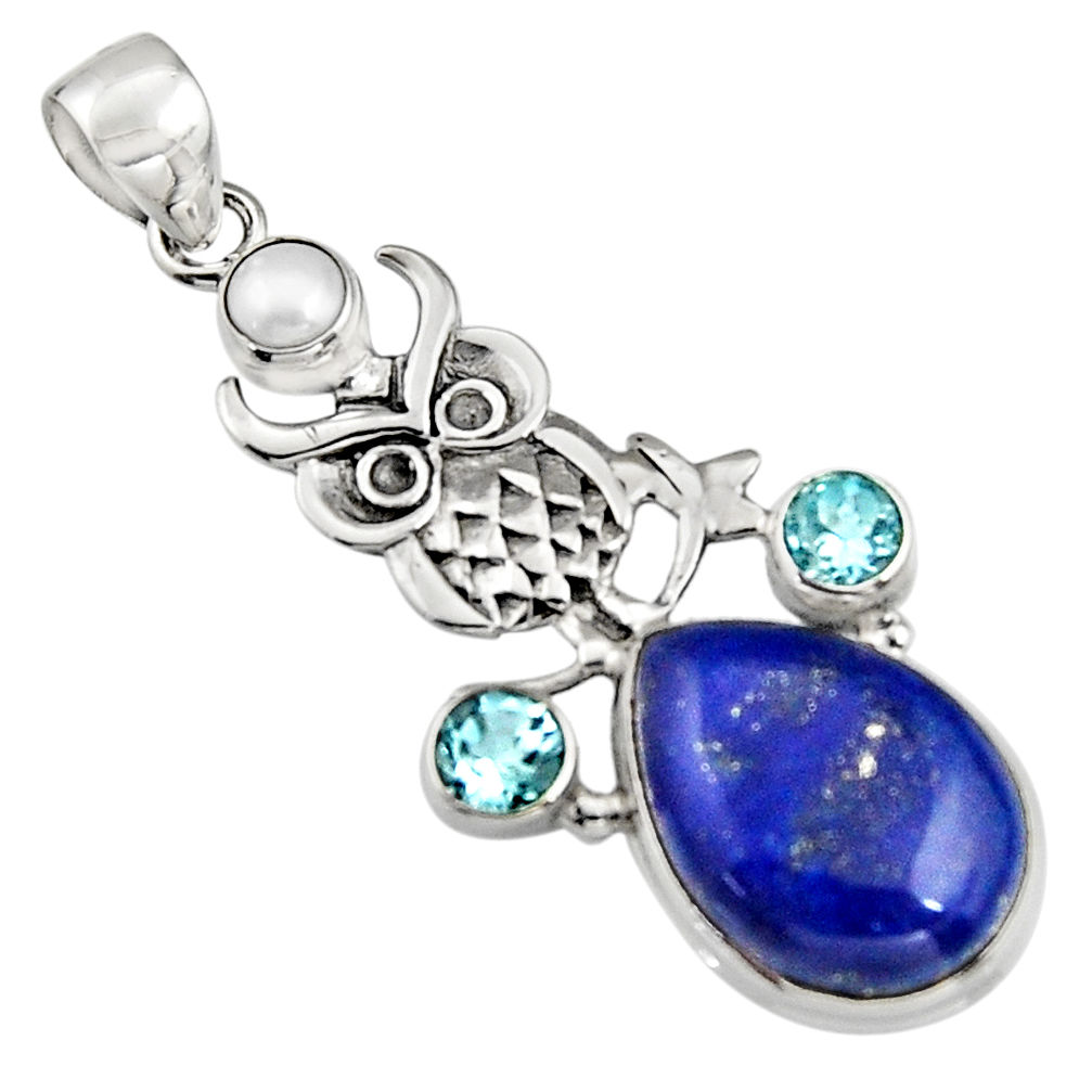 925 silver 15.69cts natural blue lapis lazuli topaz pearl owl pendant r5089