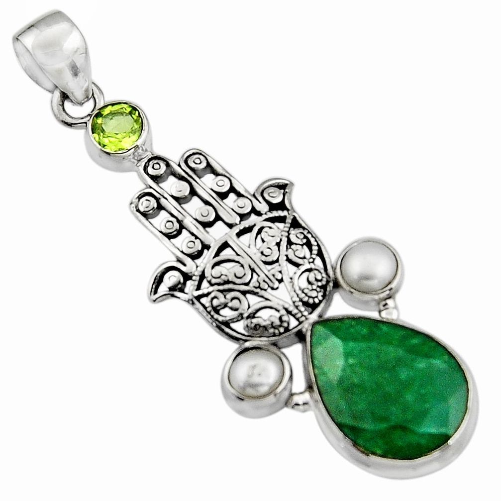 14.04cts natural green emerald pearl 925 silver hand of god hamsa pendant r5092
