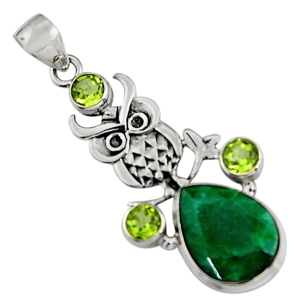 13.84cts natural green emerald peridot 925 sterling silver owl pendant r5096