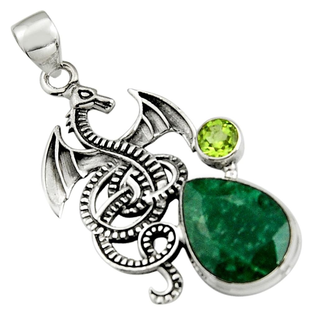 12.62cts natural green emerald peridot 925 sterling silver dragon pendant r5097