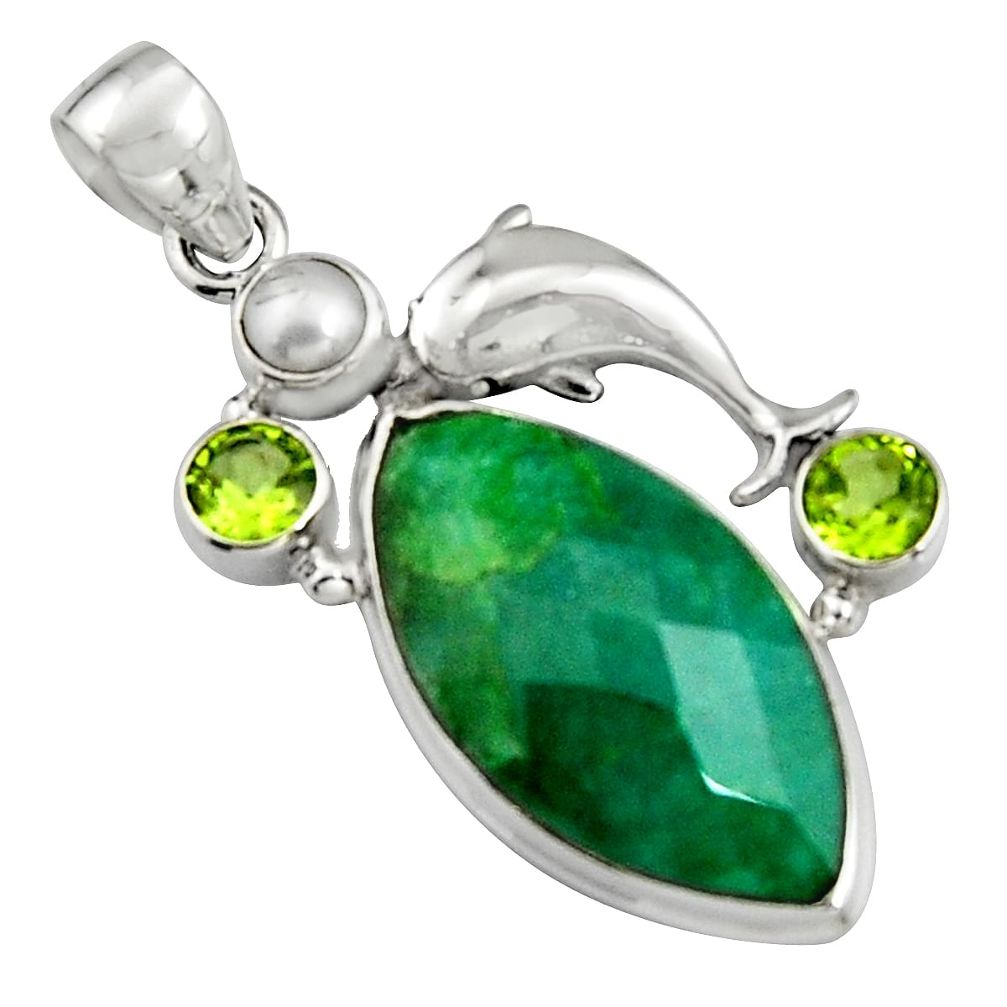 925 silver 18.49cts natural green emerald peridot pearl dolphin pendant r5098