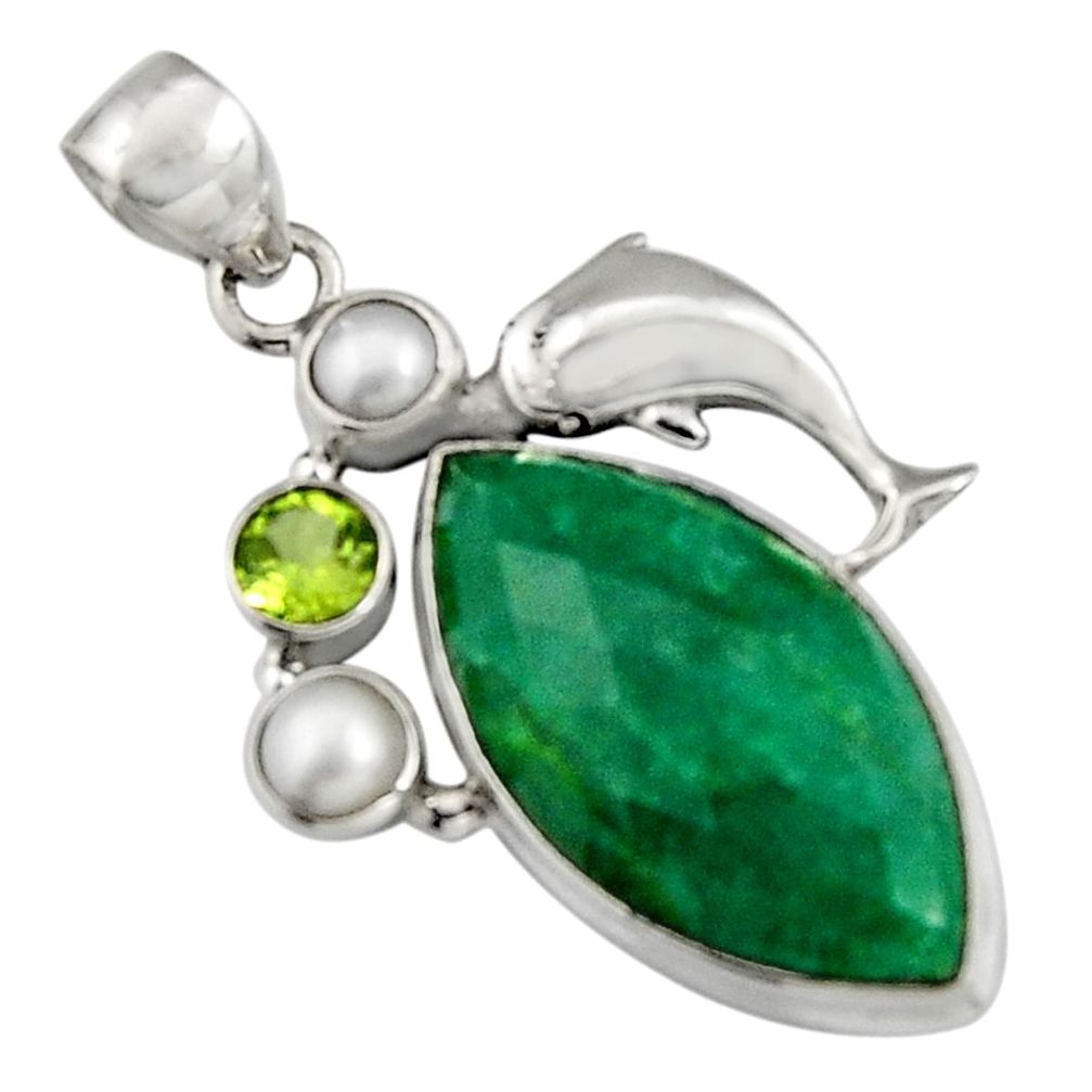 925 silver 19.43cts natural green emerald peridot pearl dolphin pendant r5100