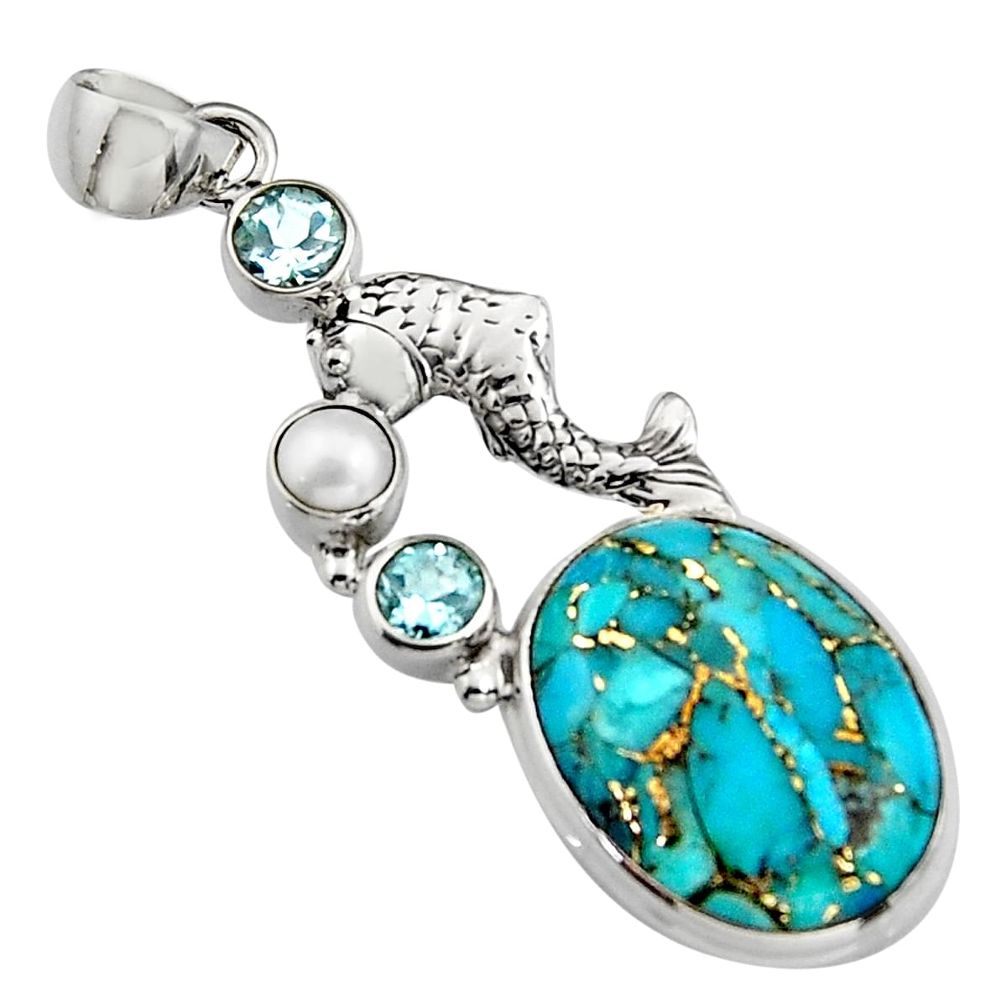 16.46cts blue copper turquoise topaz pearl 925 silver fish pendant r5101