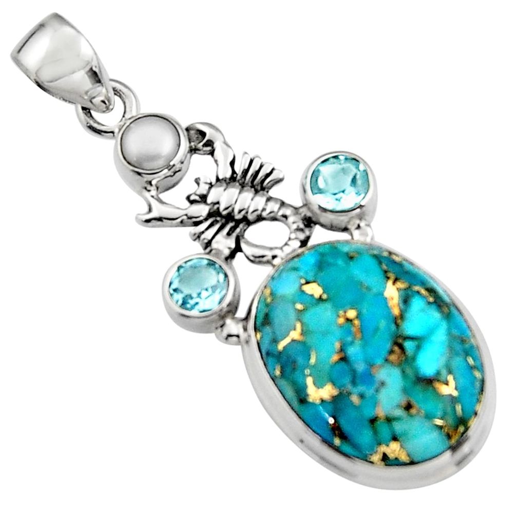17.31cts blue copper turquoise topaz pearl 925 silver scorpion pendant r5102