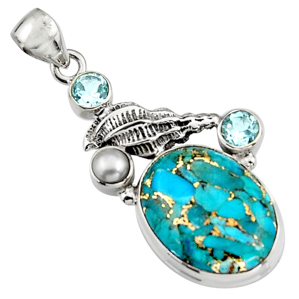 925 silver 16.93cts blue copper turquoise topaz pearl pendant jewelry r5104