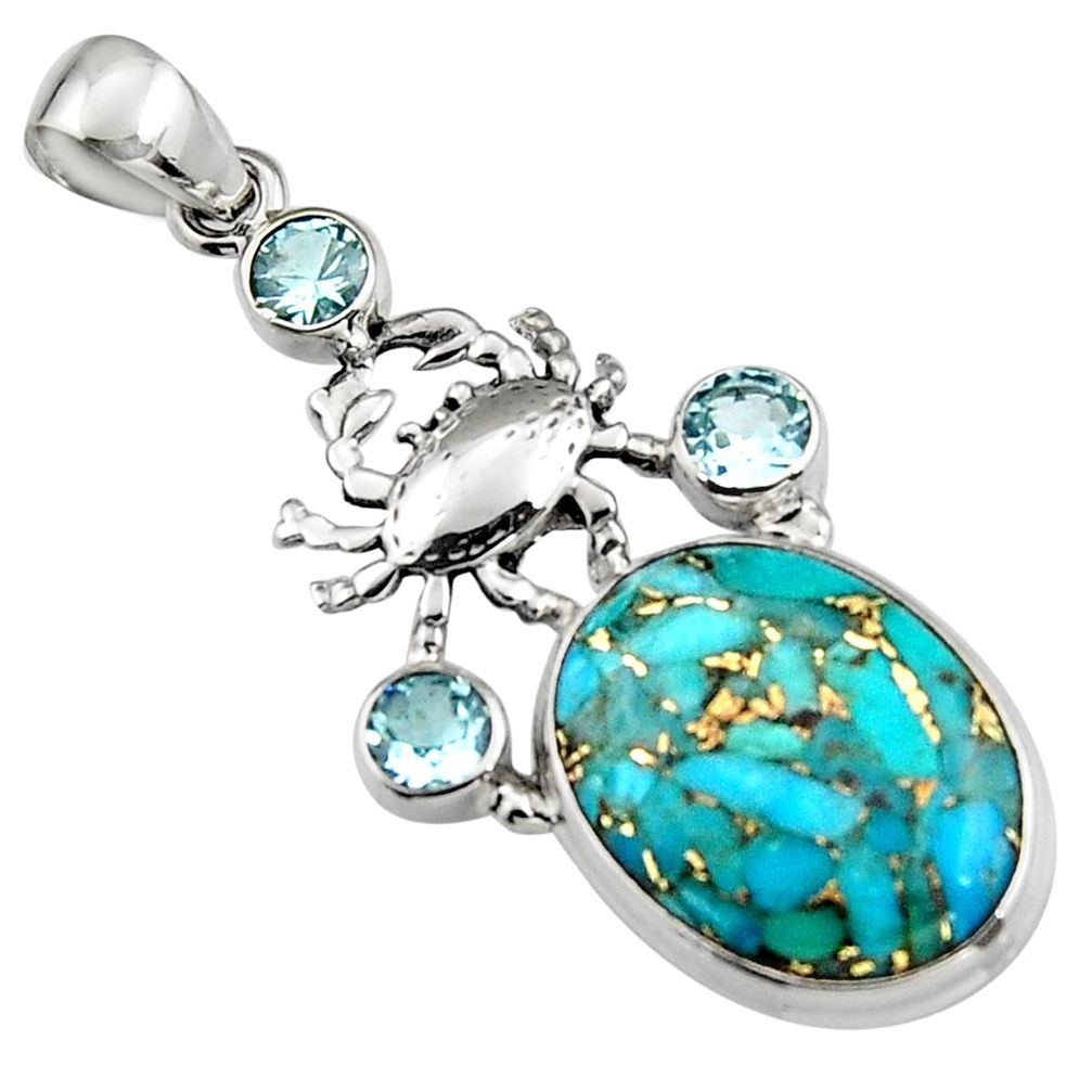 16.92cts blue copper turquoise topaz 925 sterling silver crab pendant r5105