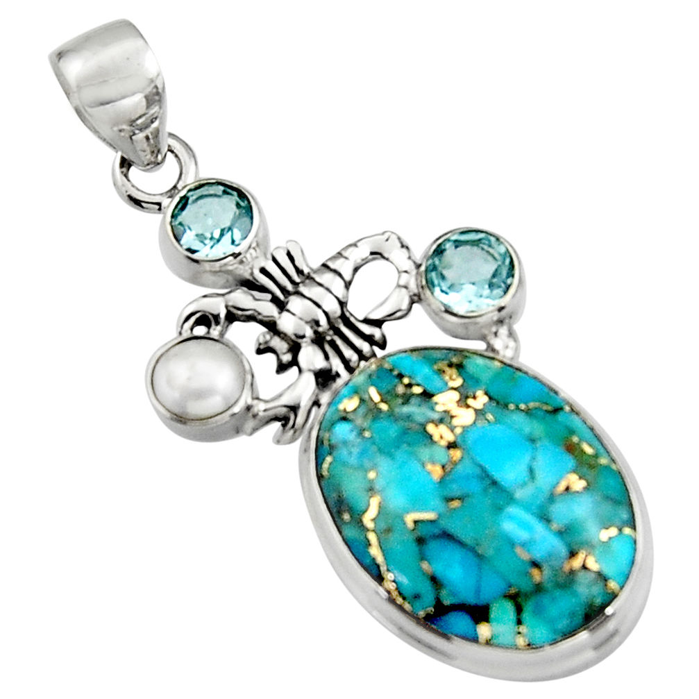 925 silver 15.97cts blue copper turquoise topaz pearl scorpion pendant r5109