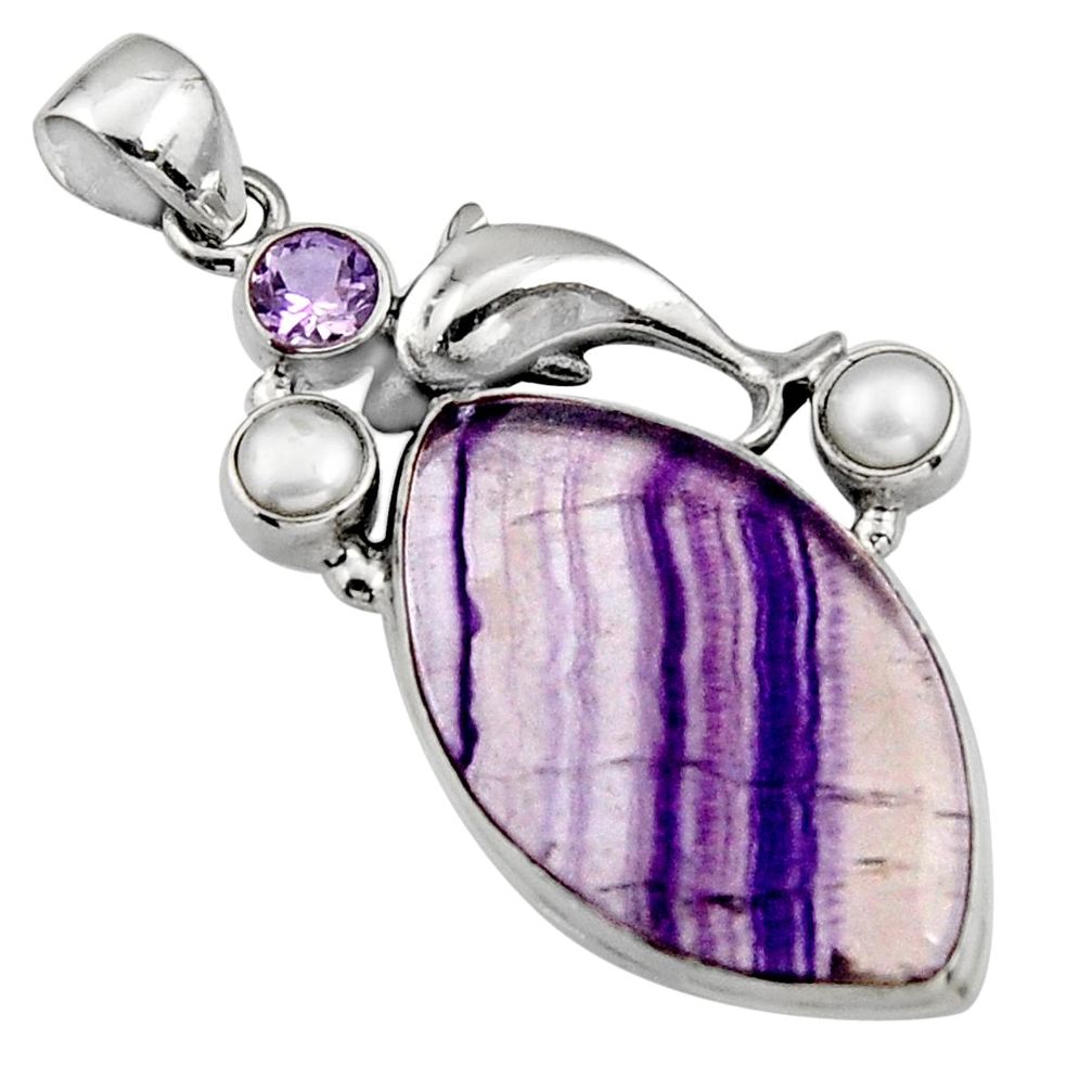 925 silver 24.10cts natural multi color fluorite amethyst dolphin pendant r5120