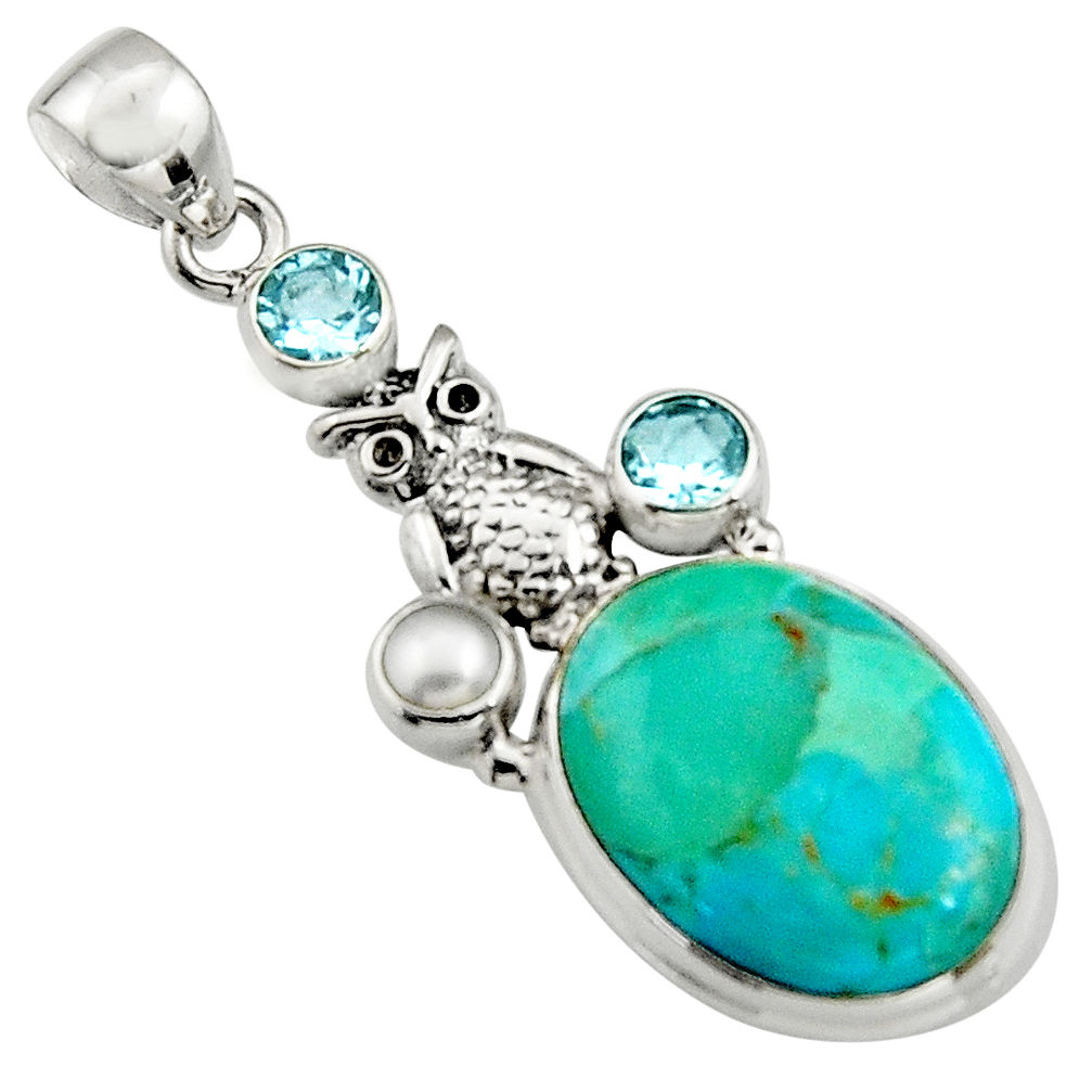 925 silver 15.97cts blue arizona mohave turquoise topaz pearl owl pendant r5128