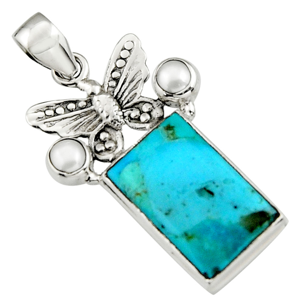 15.16cts blue arizona mohave turquoise pearl 925 silver butterfly pendant r5129