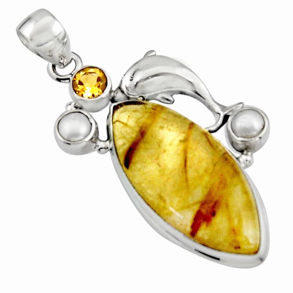 26.14cts natural golden tourmaline rutile pearl 925 silver dolphin pendant r5131