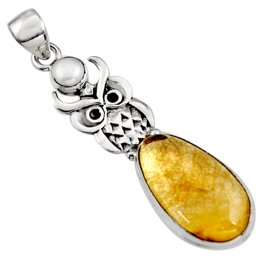 13.34cts natural golden tourmaline rutile pearl 925 silver owl pendant r5137