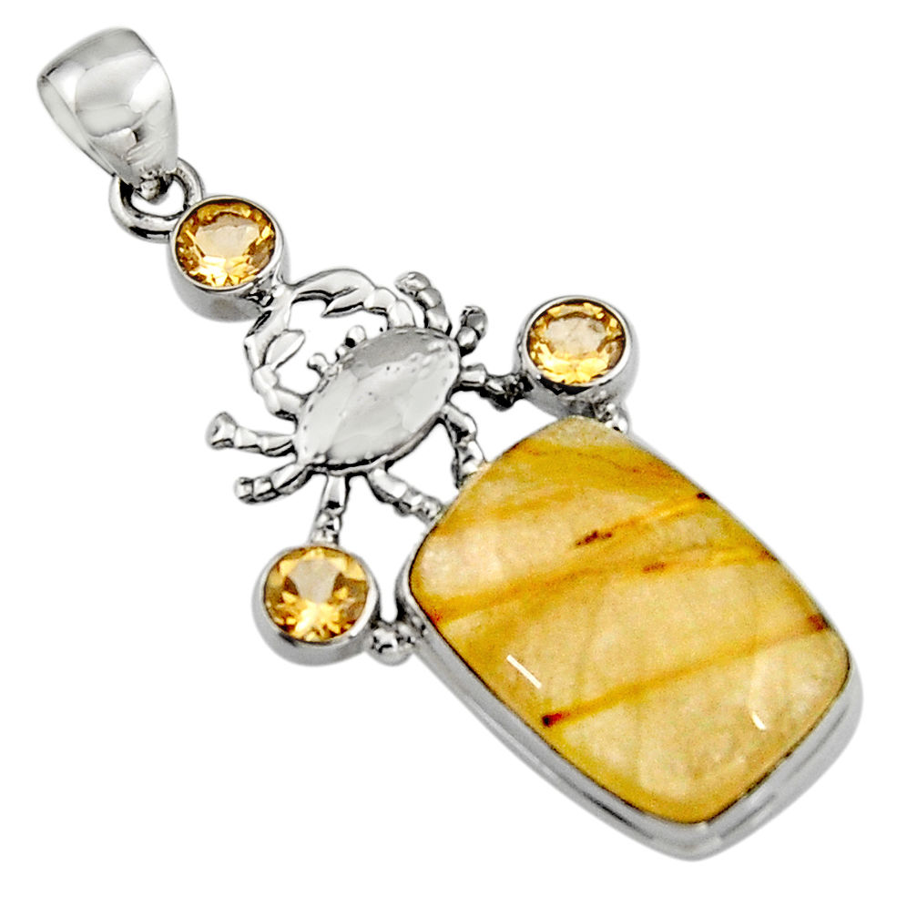 18.05cts natural golden tourmaline rutile citrine 925 silver crab pendant r5138