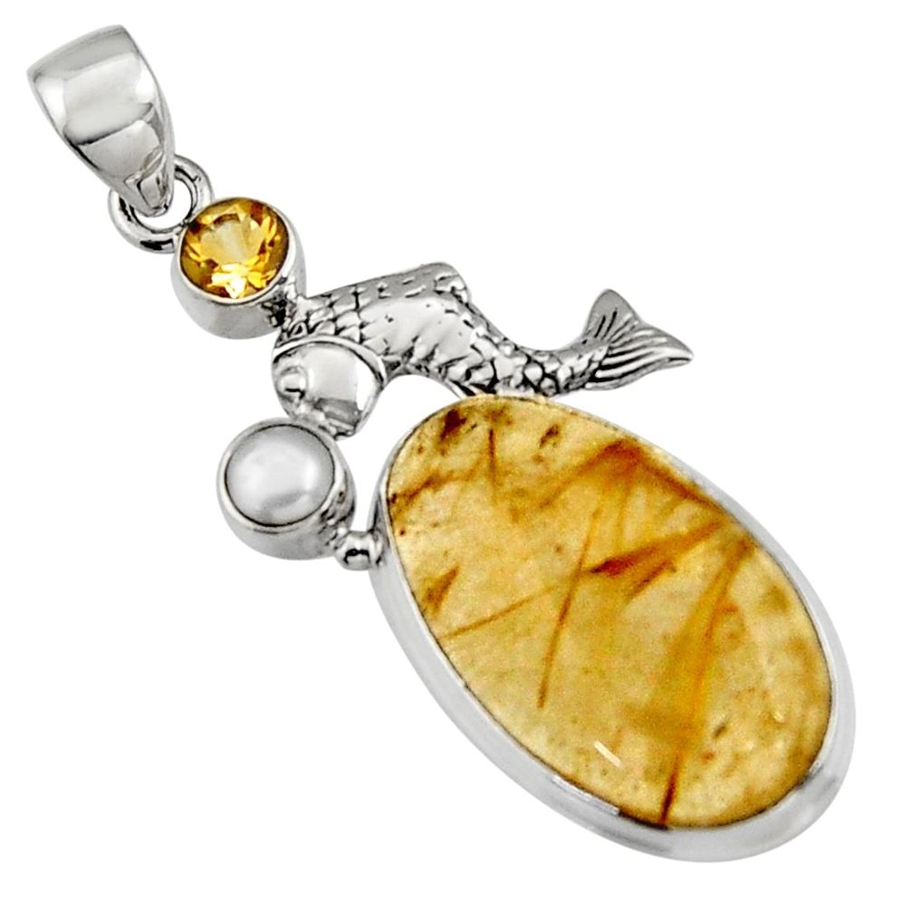 17.81cts natural golden tourmaline rutile citrine 925 silver fish pendant r5139