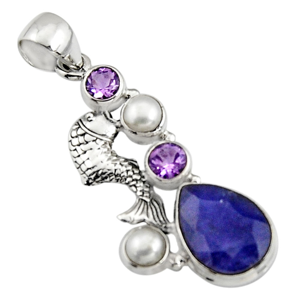 925 sterling silver 10.53cts natural blue sapphire amethyst fish pendant r5144