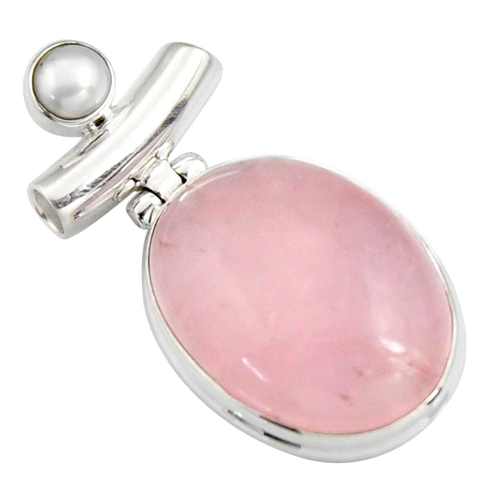 925 sterling silver 16.70cts natural pink rose quartz white pearl pendant r5284