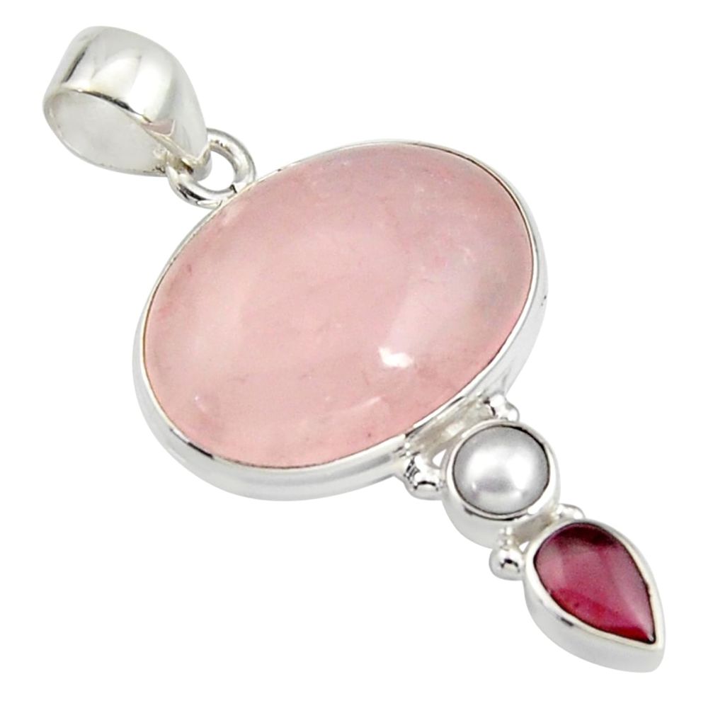 17.20cts natural pink rose quartz garnet pearl 925 sterling silver pendant r5285