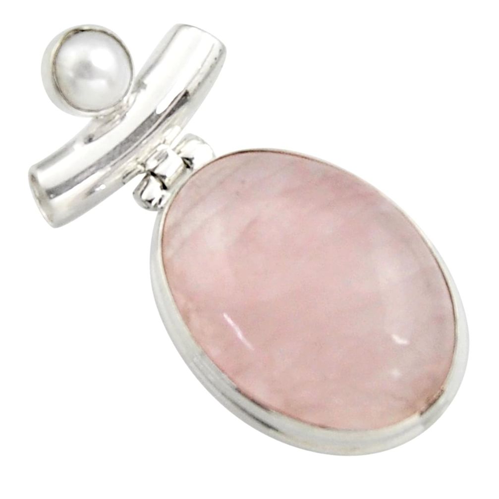 925 sterling silver 18.15cts natural pink rose quartz white pearl pendant r5296