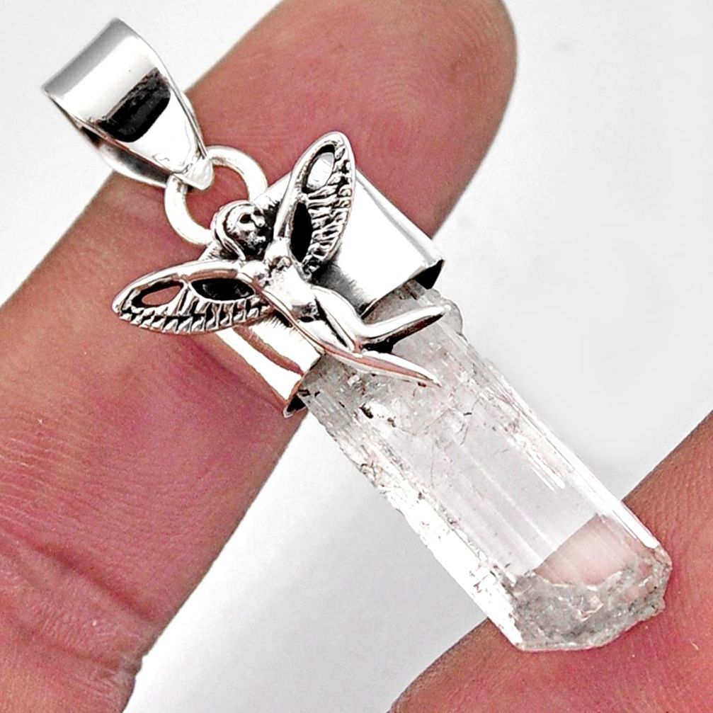 20.51cts natural white danburite rough silver angel wings fairy pendant r5314