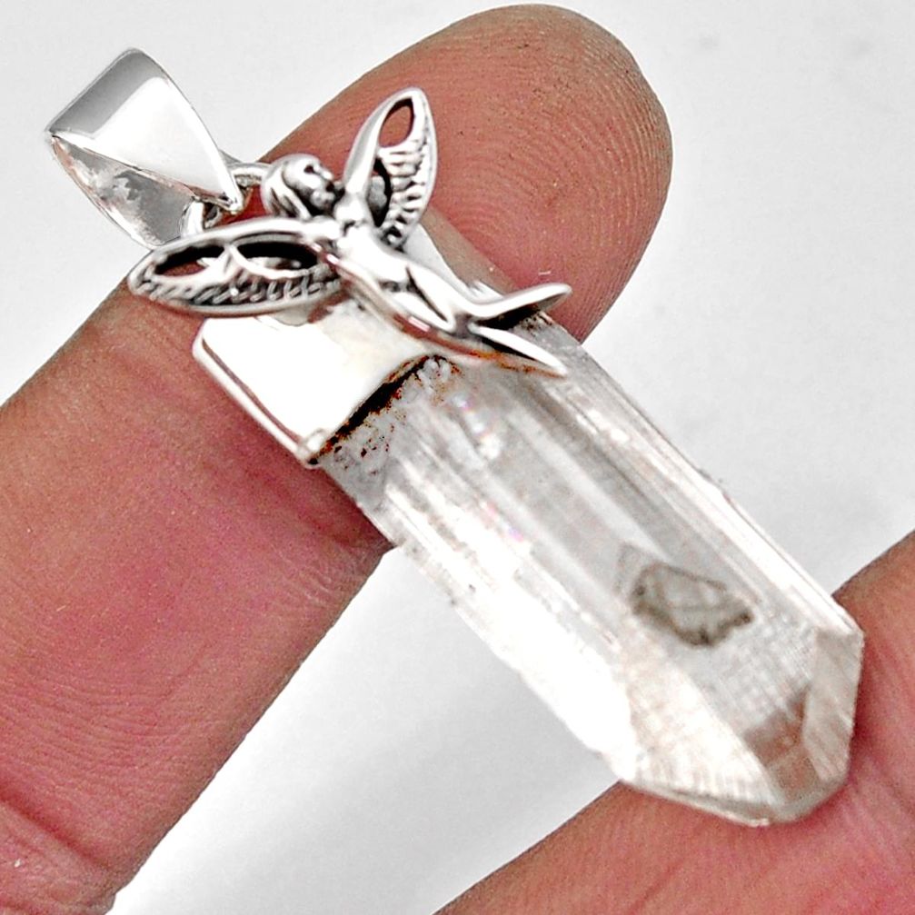 23.27cts natural white danburite rough silver angel wings fairy pendant r5318