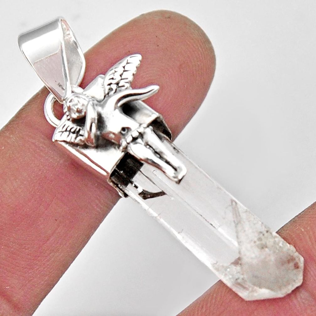 25.93cts natural white danburite rough silver angel wings fairy pendant r5353